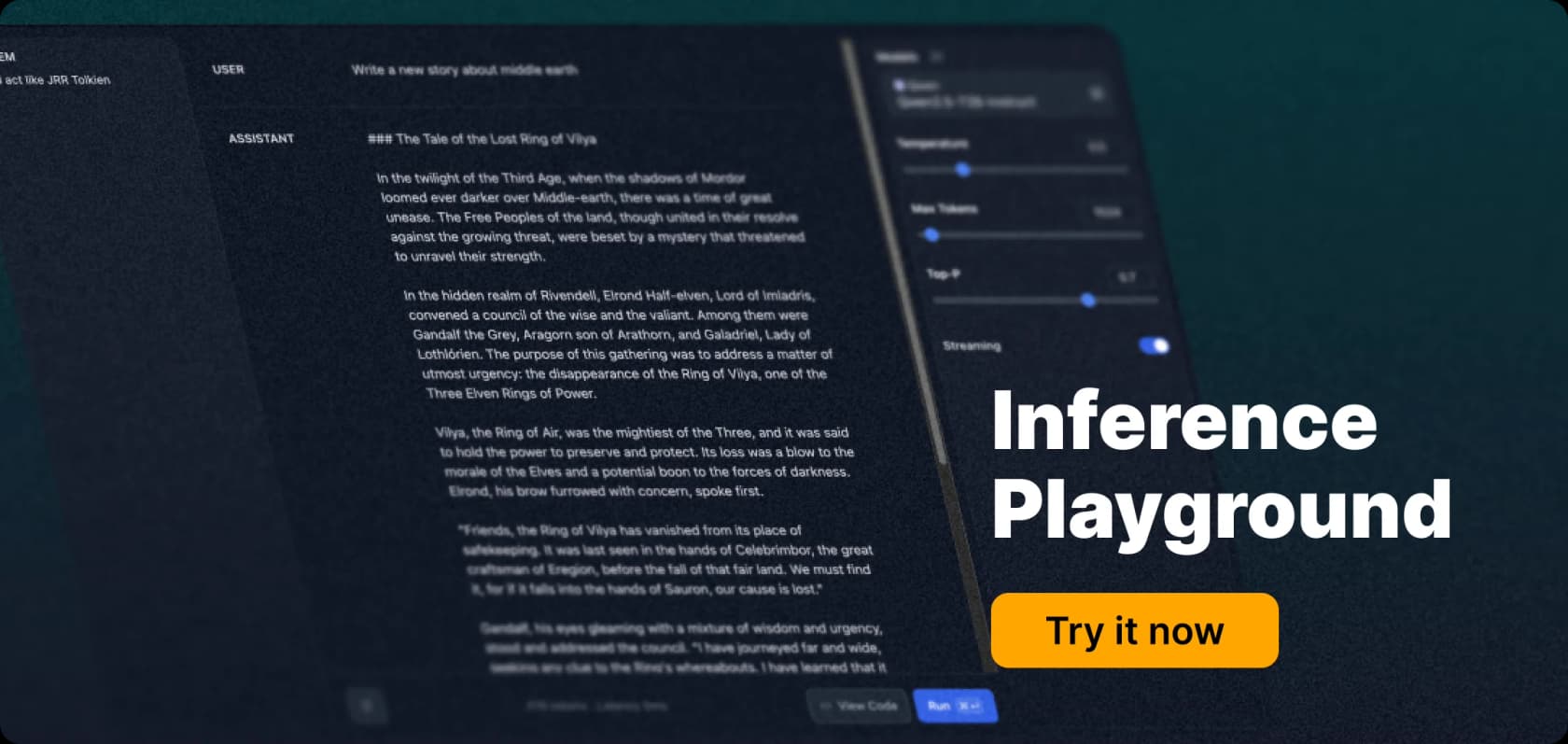 Hugging Face Inference Playground screenshot showing a dark chat interface with a creative writing prompt and a 'Try it now' button