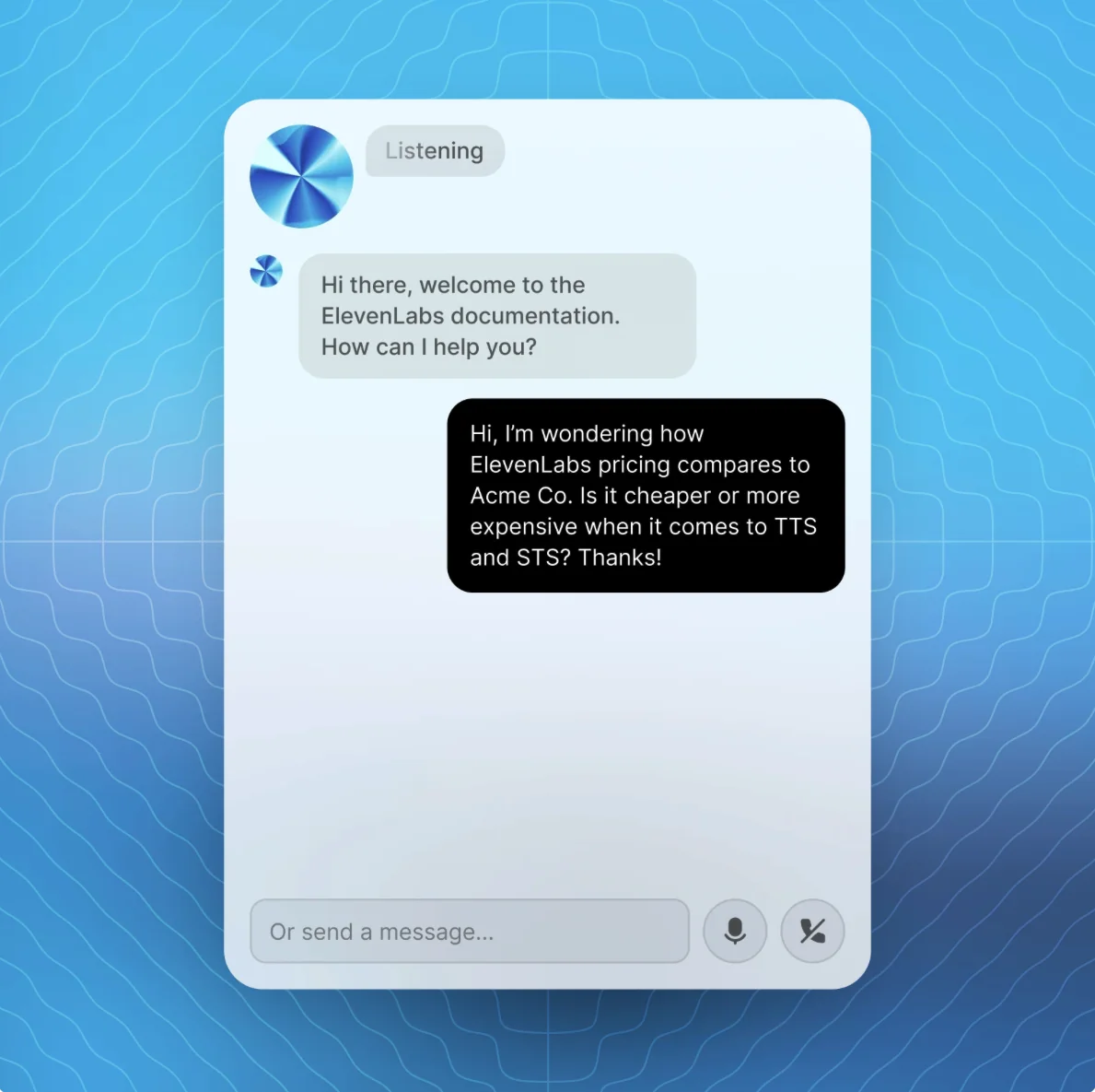 ElevenLabs conversational agent widget mid-conversation, listening and responding by voice, as taken from ElevenLabs