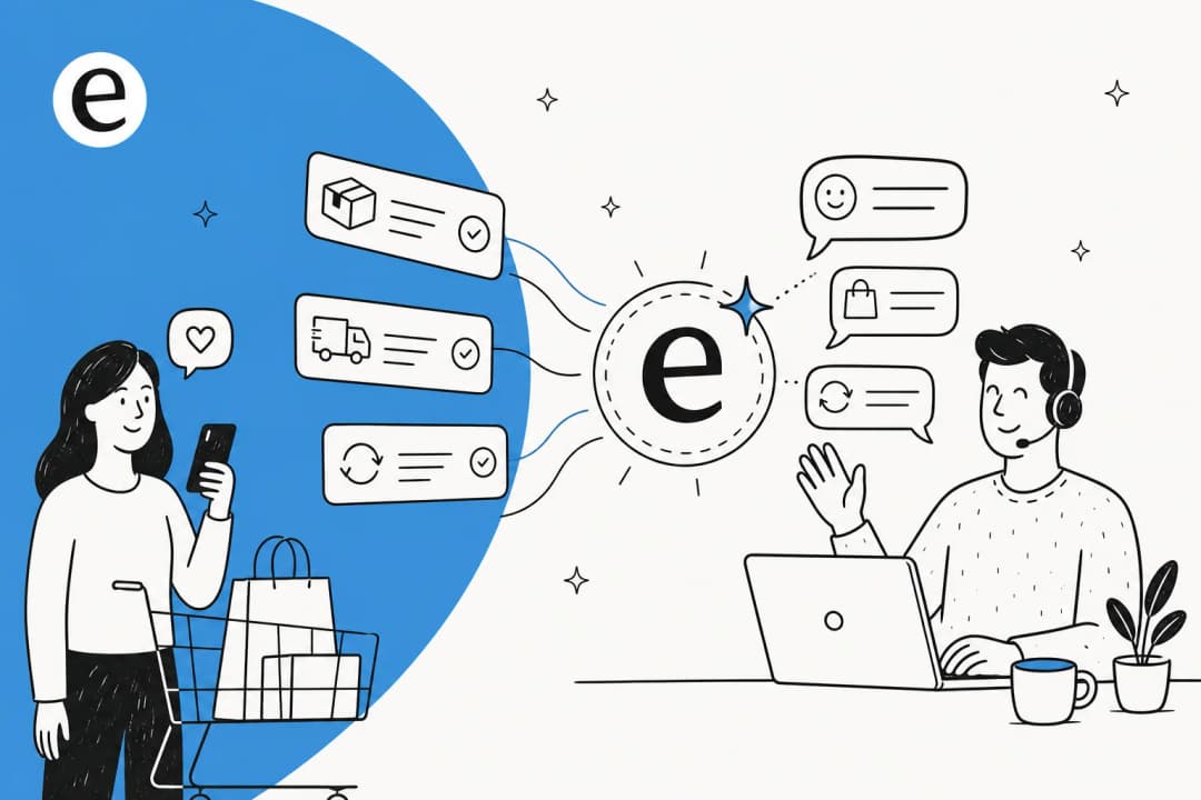 Illustration of an AI hub resolving ecommerce order, refund, and tracking tickets