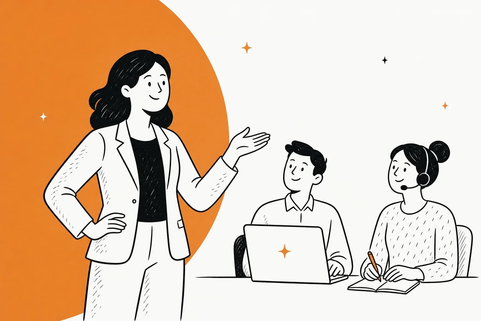 Illustrated hero banner for a guide on customer service manager skills in warm amber tones