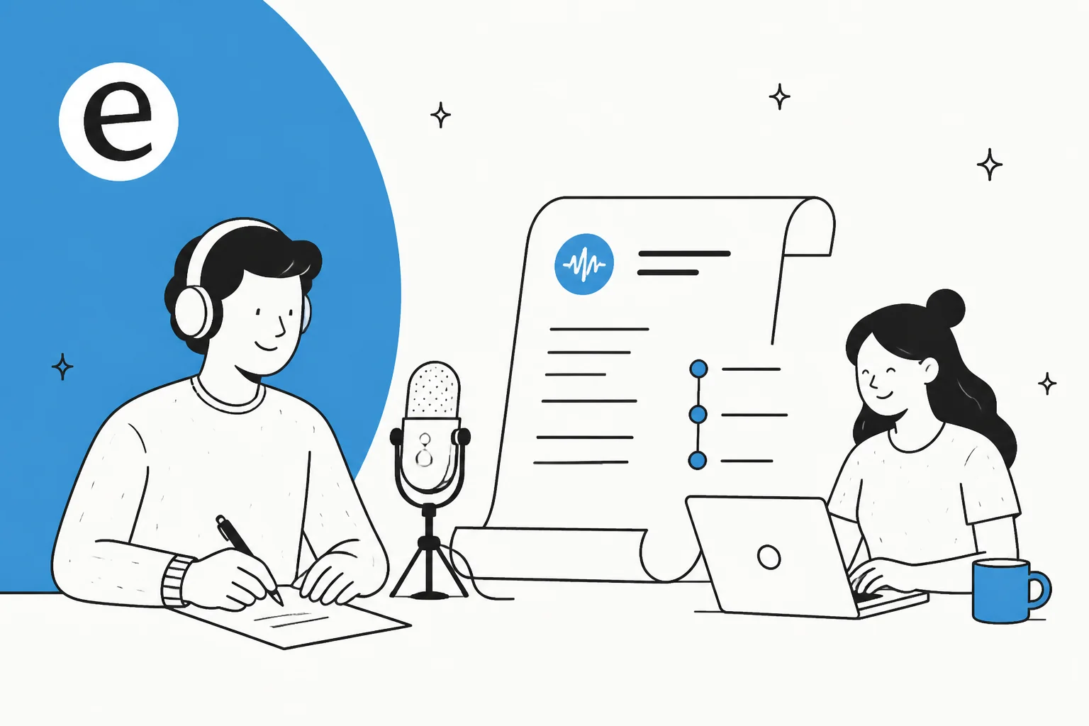 Illustration of a podcast microphone alongside a script document and outline, representing an AI podcast script generator