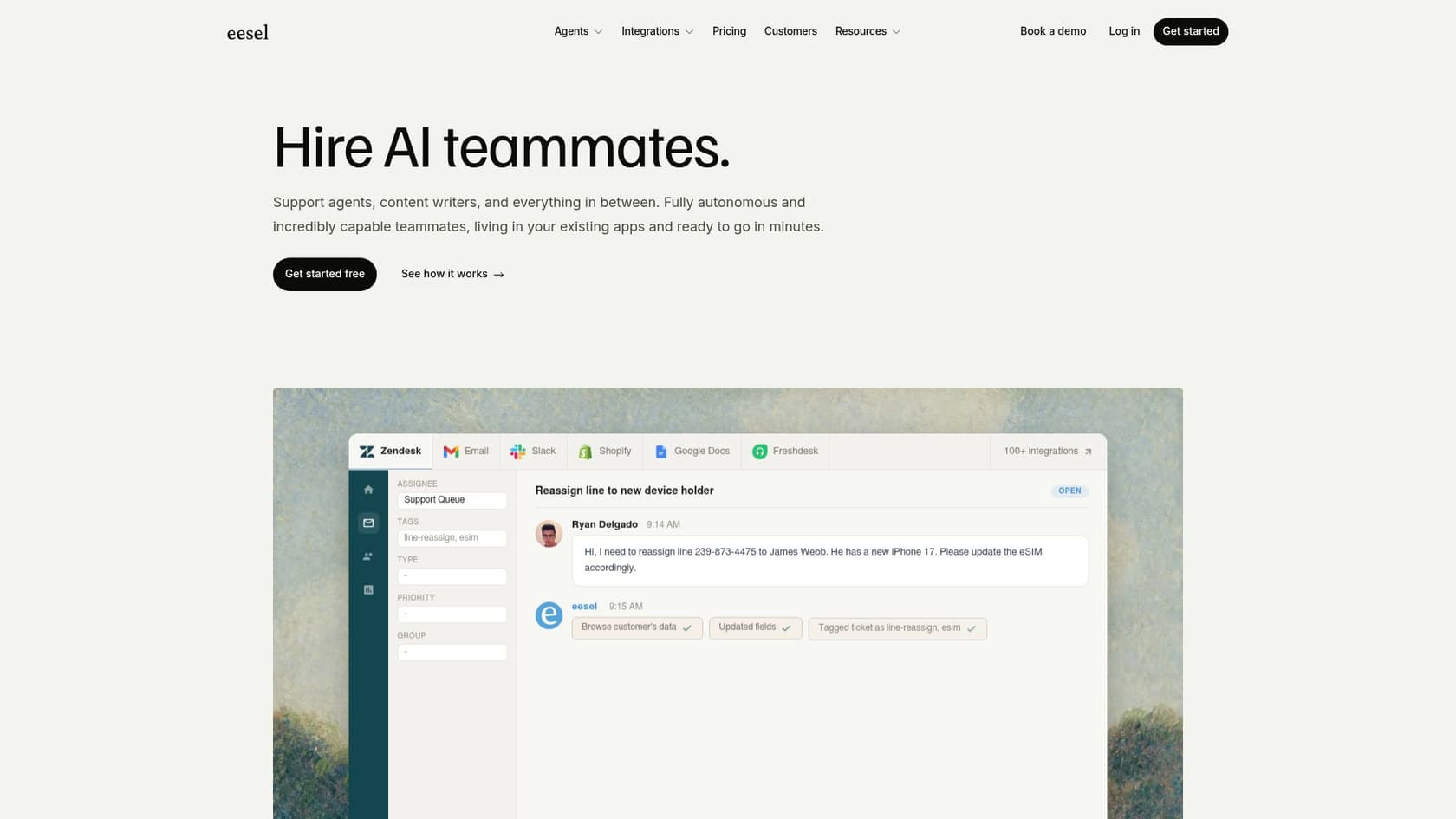 The eesel.ai homepage showing the "Hire AI teammates" headline