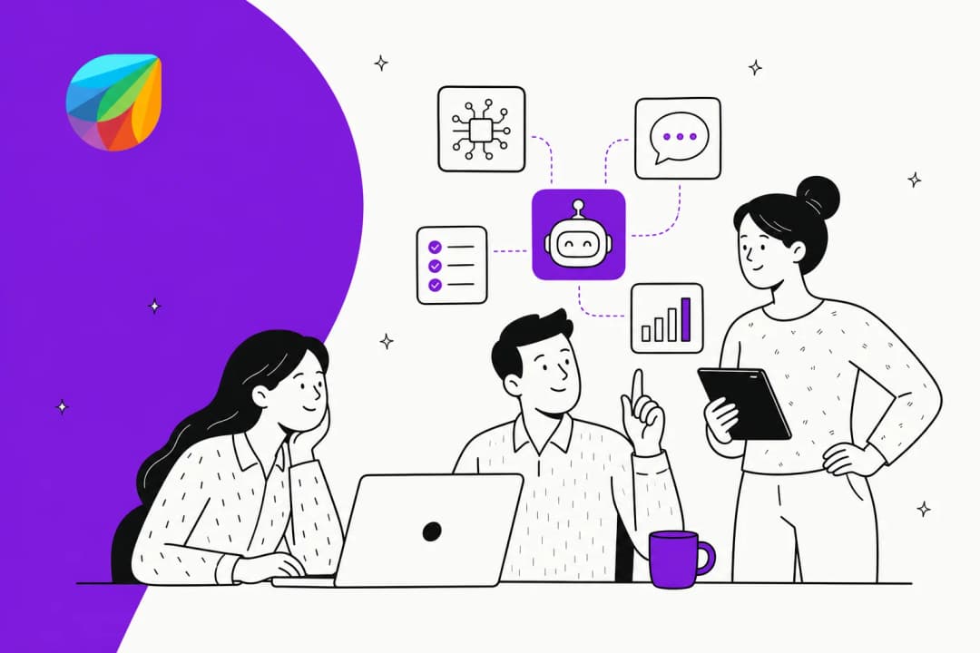 Illustration of an IT team adding AI tools to their Freshservice service desk