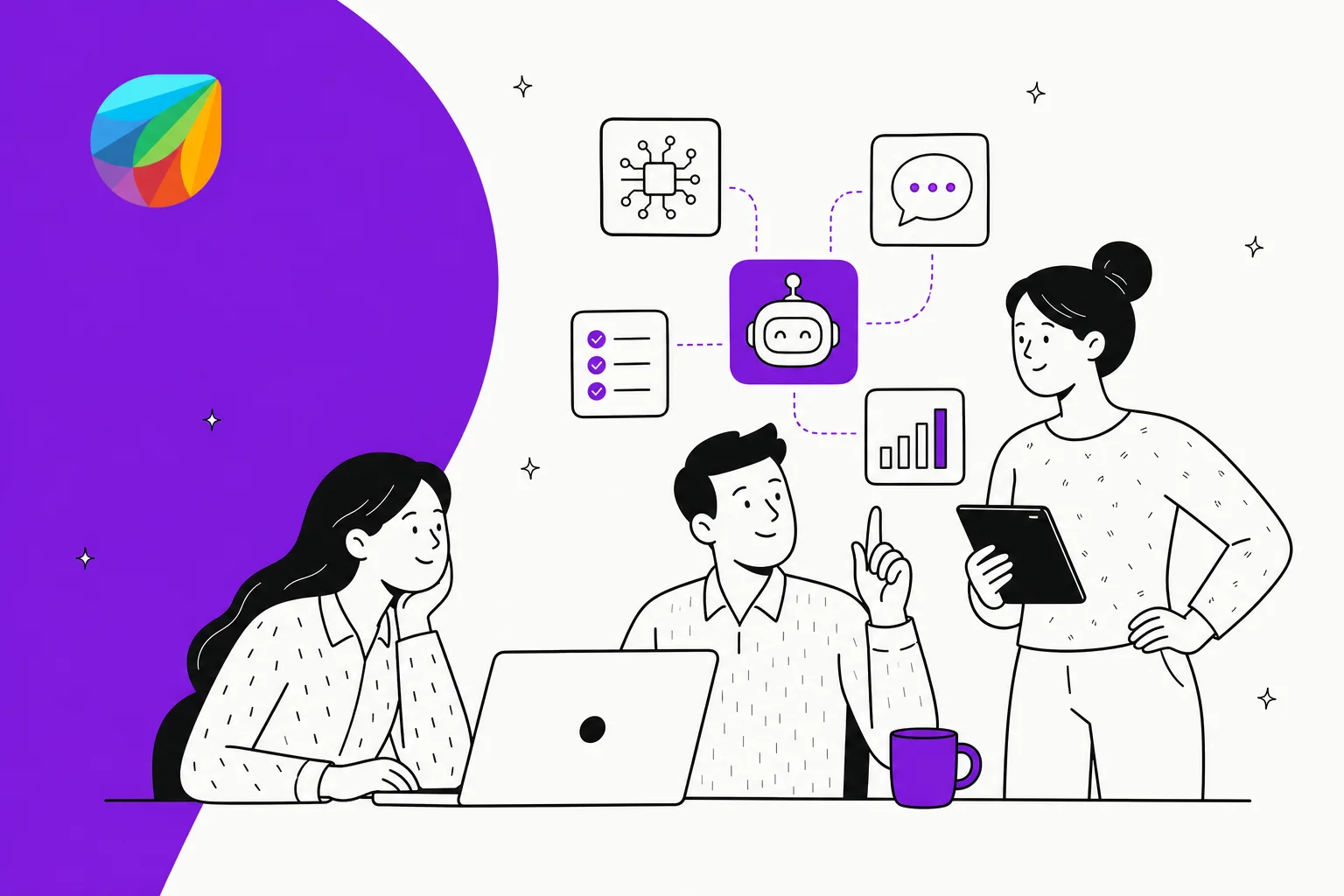 Illustration of an IT team adding AI tools to their Freshservice service desk