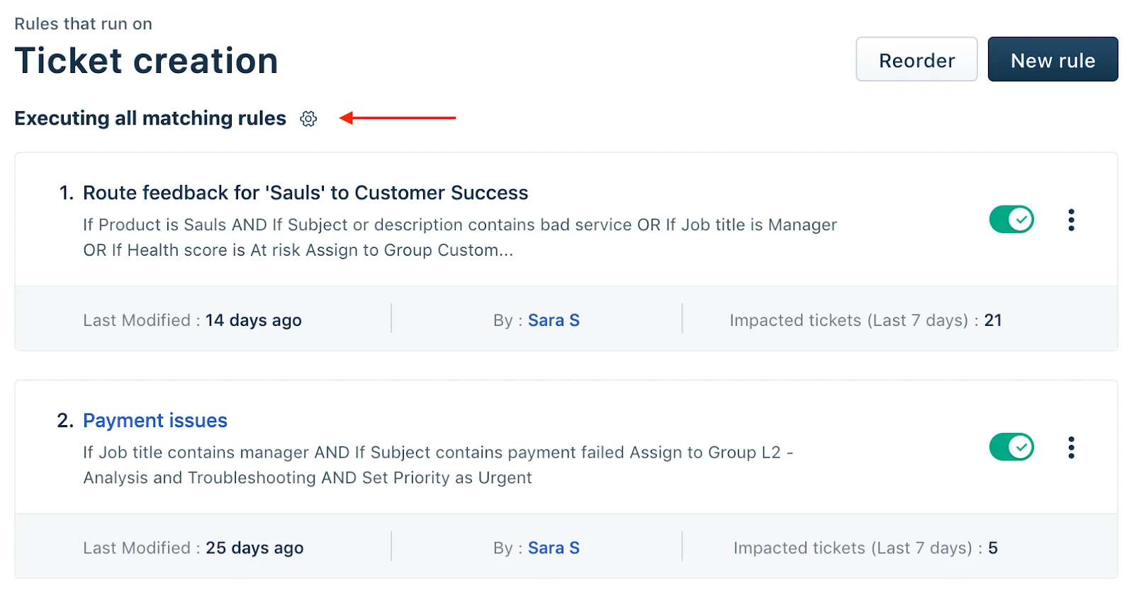 Freshdesk's ticket creation automation rules screen, showing the execute-all-matching-rules toggle and per-rule impacted-ticket counts, as taken from Freshdesk