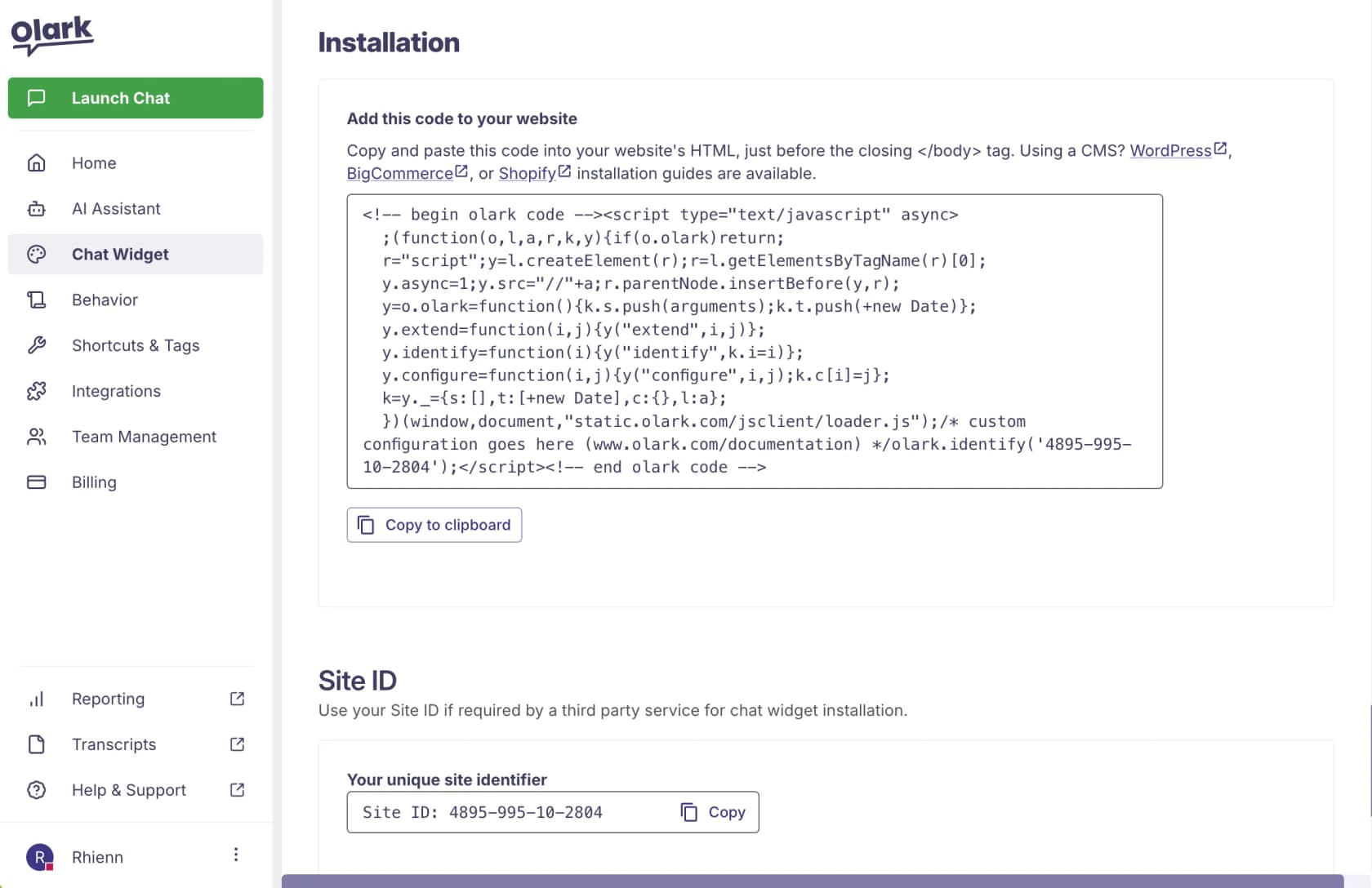 Olark's Chat Widget installation settings showing the embed snippet and unique Site ID, as taken from Olark