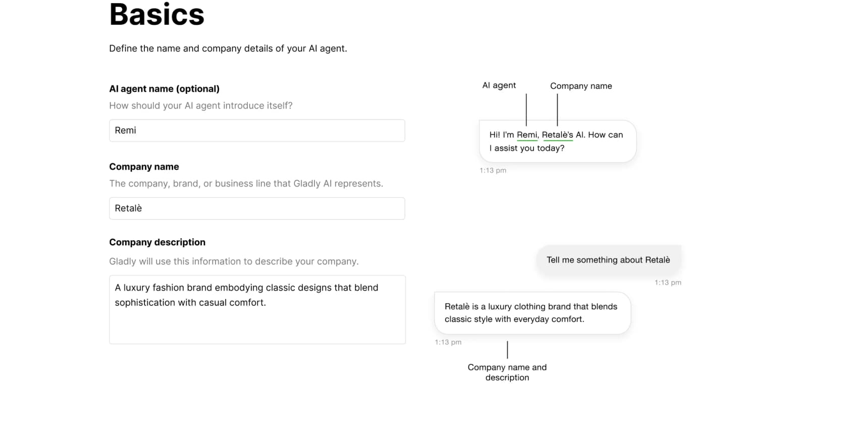 The Gladly Basics setup form defining an AI agent named Remi for a brand called Retalè, with sample intro messages, as taken from Gladly Help