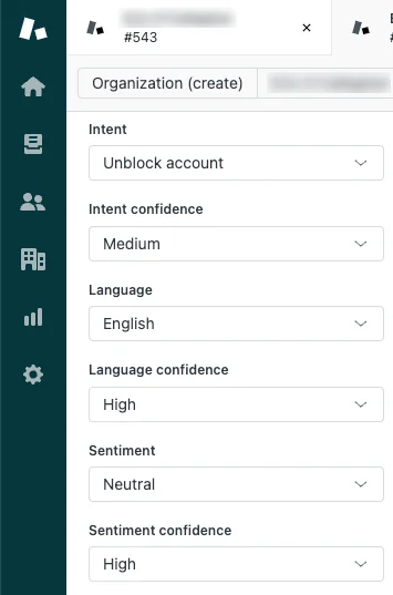 Zendesk Intelligent Triage classifications on a ticket sidebar showing intent, language, and sentiment with confidence levels, as taken from Zendesk Copilot