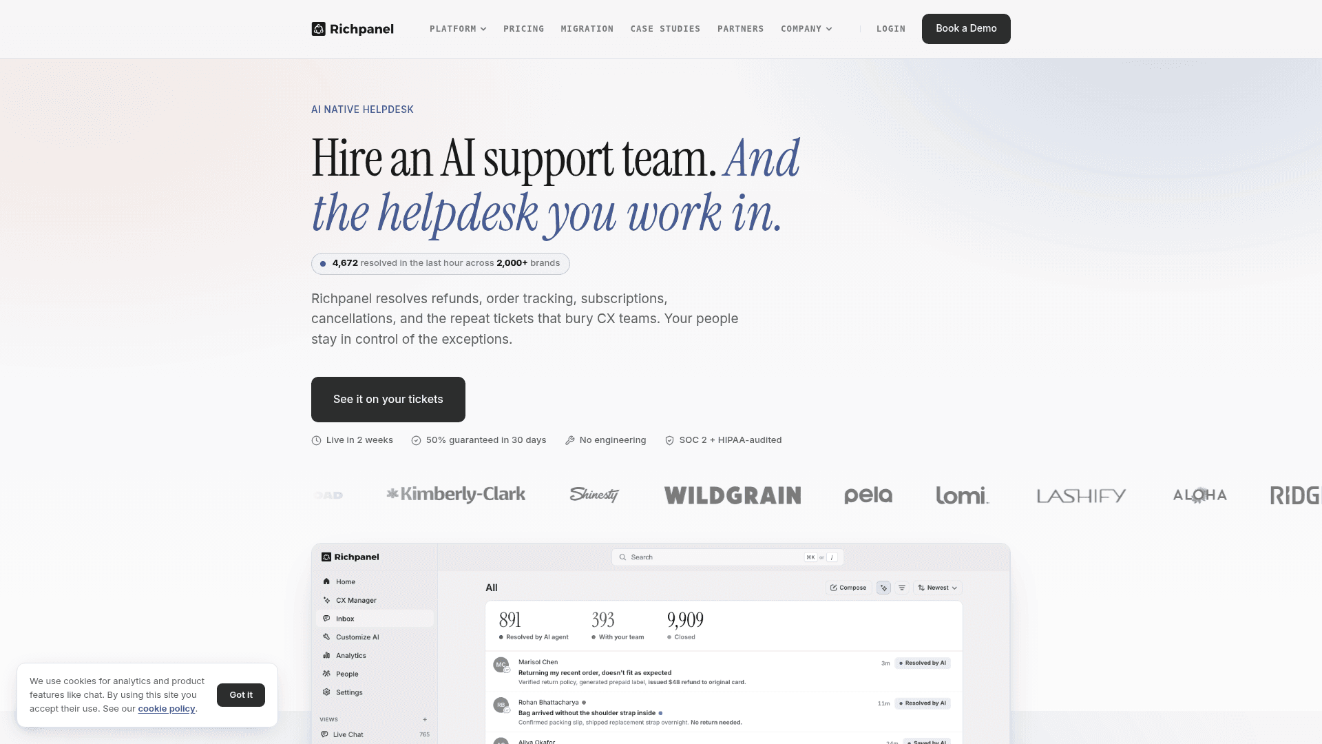 Richpanel AI-native helpdesk showing a shared inbox with 891 tickets resolved by the AI agent across 2,000+ brands, screenshot via Richpanel