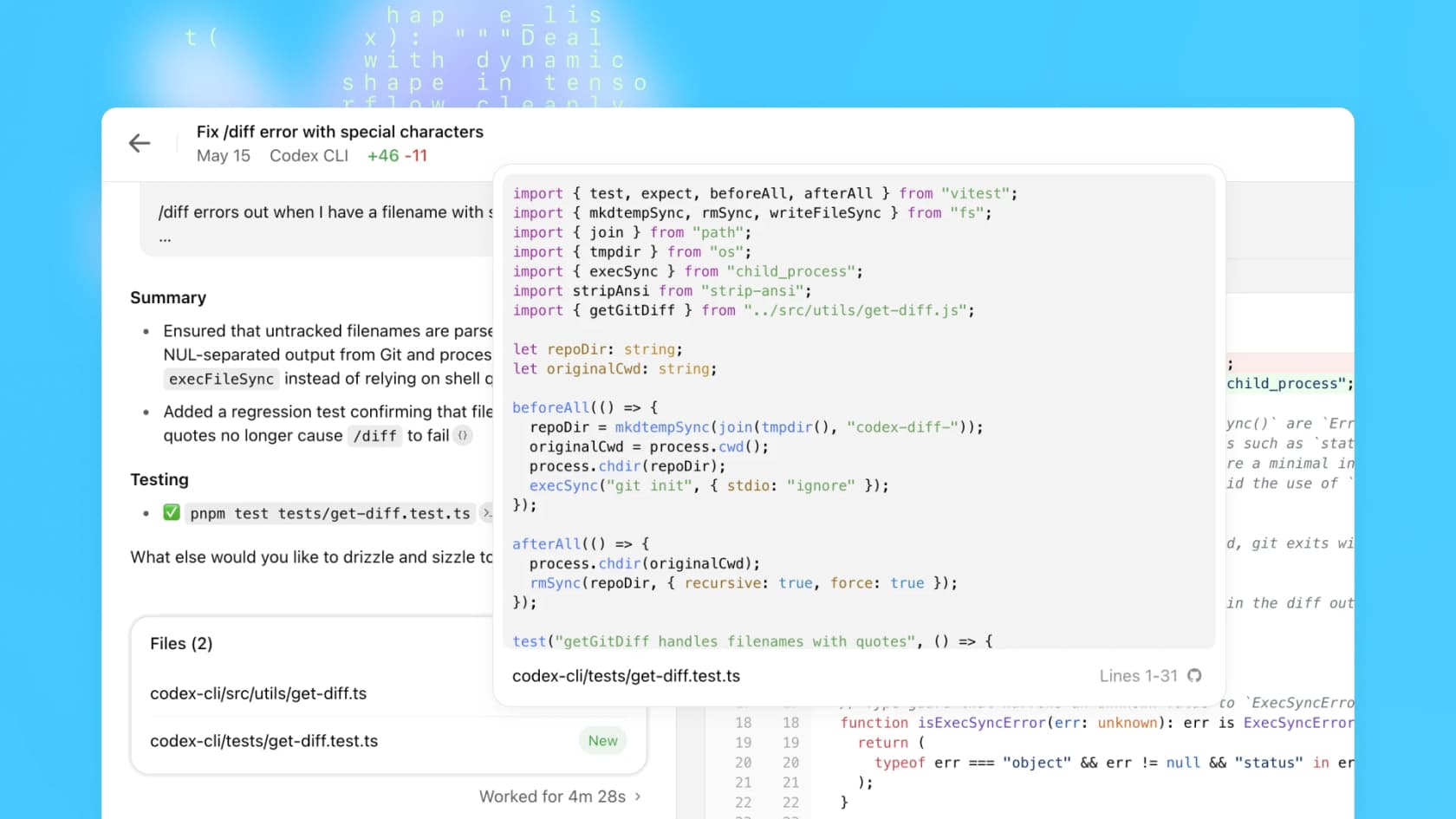 Codex code-review view showing a diff after implementing dark mode, with a summary and passing tests, from OpenAI's Codex blog