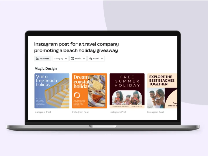 Magic Design generating four Instagram template variations from a travel brand prompt