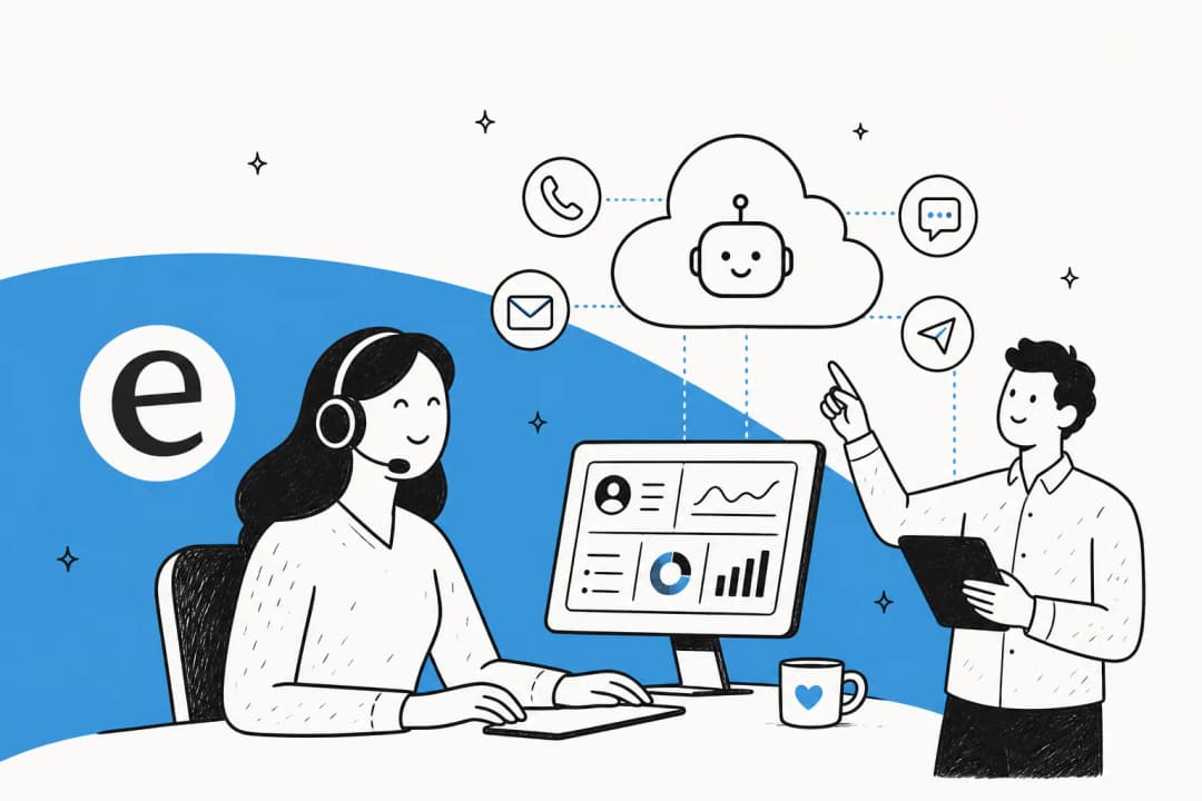 Illustration of a modern call center: a headset agent, a cloud with an AI agent, and voice, chat, email, and social channels feeding into one dashboard