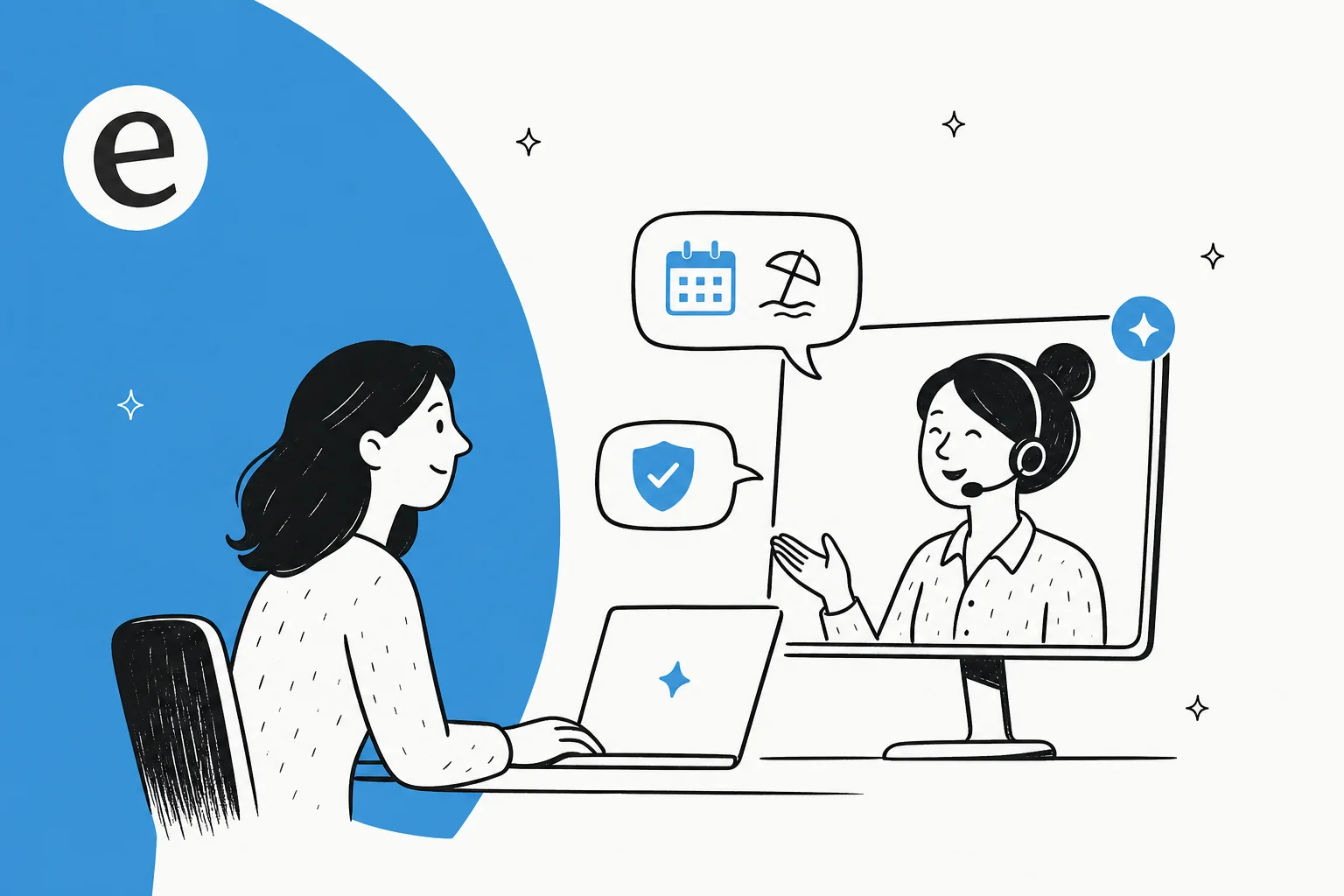 Illustration of an employee asking an HR help desk about PTO and benefits