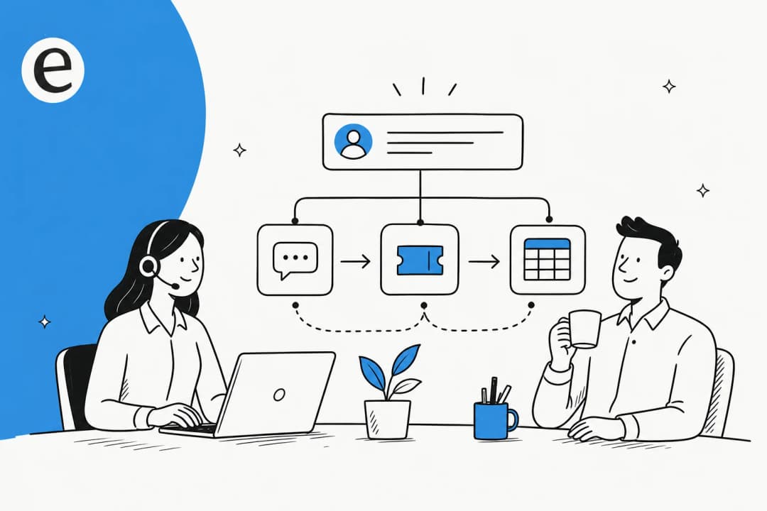 Editorial illustration of software bots moving structured data between call-center systems, with an AI support layer above
