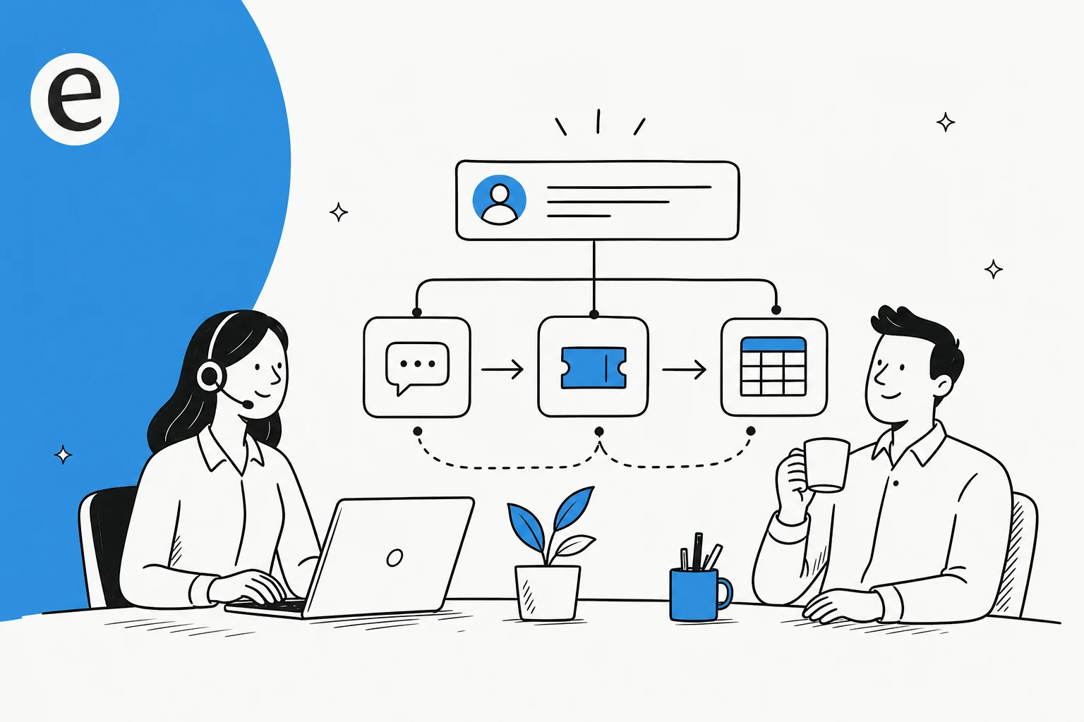 Editorial illustration of software bots moving structured data between call-center systems, with an AI support layer above