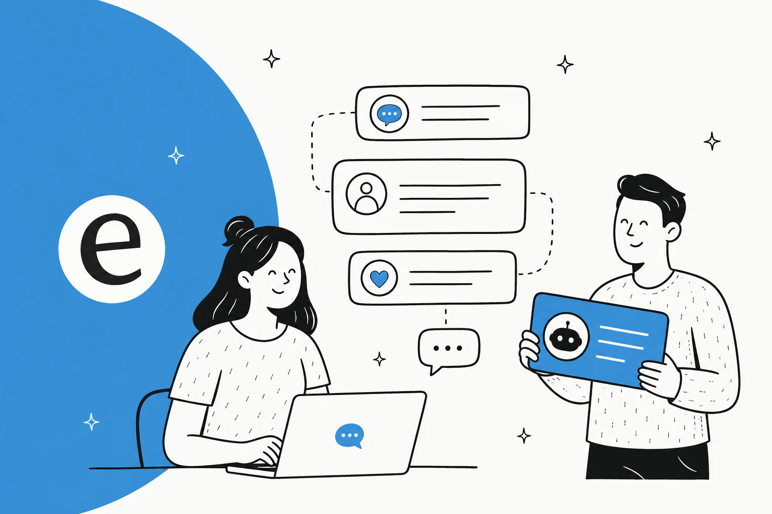 Illustrated chatbot templates for customer support with conversation script cards and chat bubbles