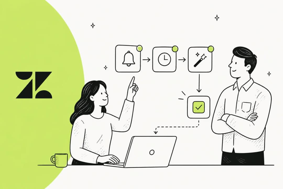 Illustration of Zendesk's automation tools: triggers, automations, and macros feeding into a support ticket queue