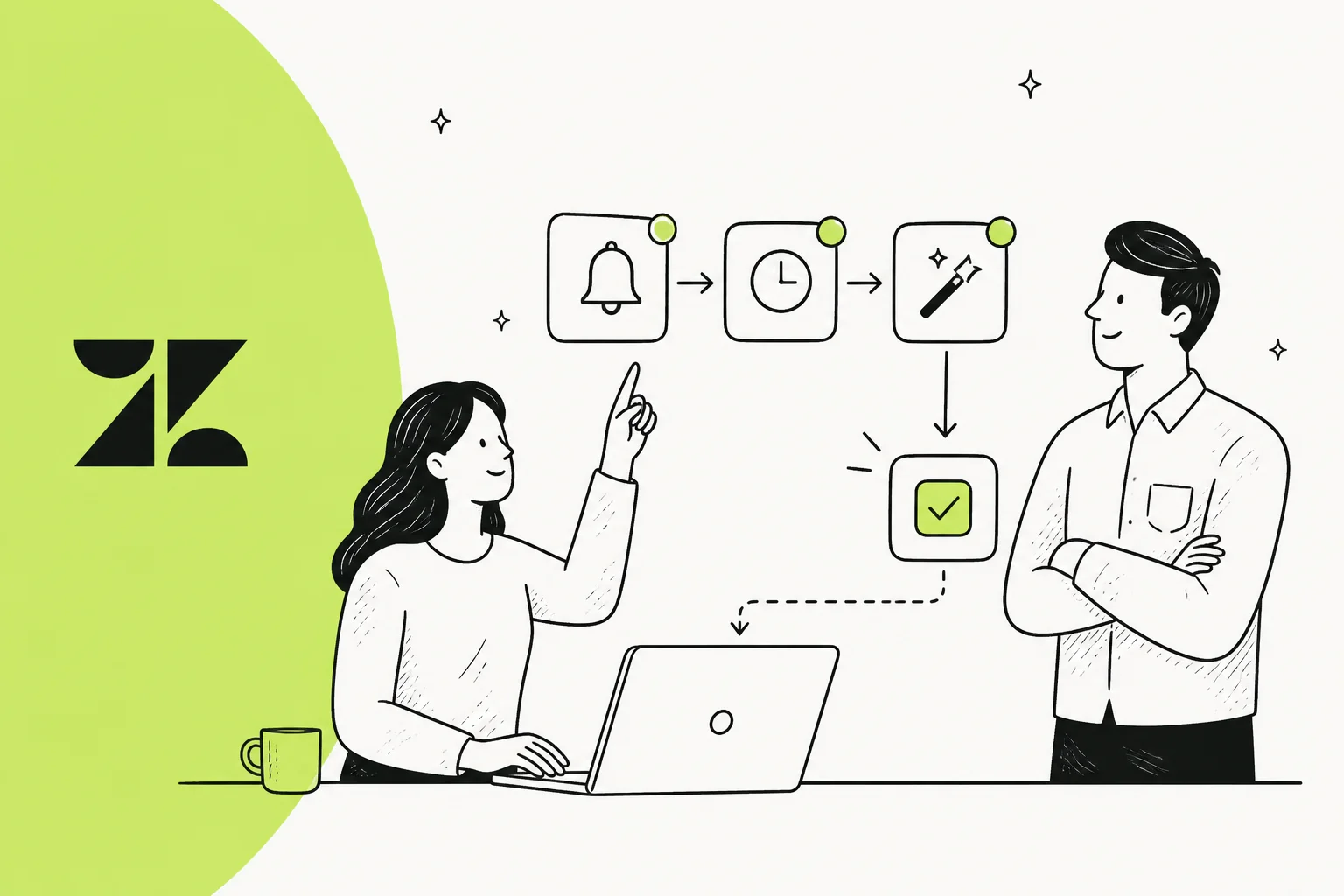 Illustration of Zendesk's automation tools: triggers, automations, and macros feeding into a support ticket queue