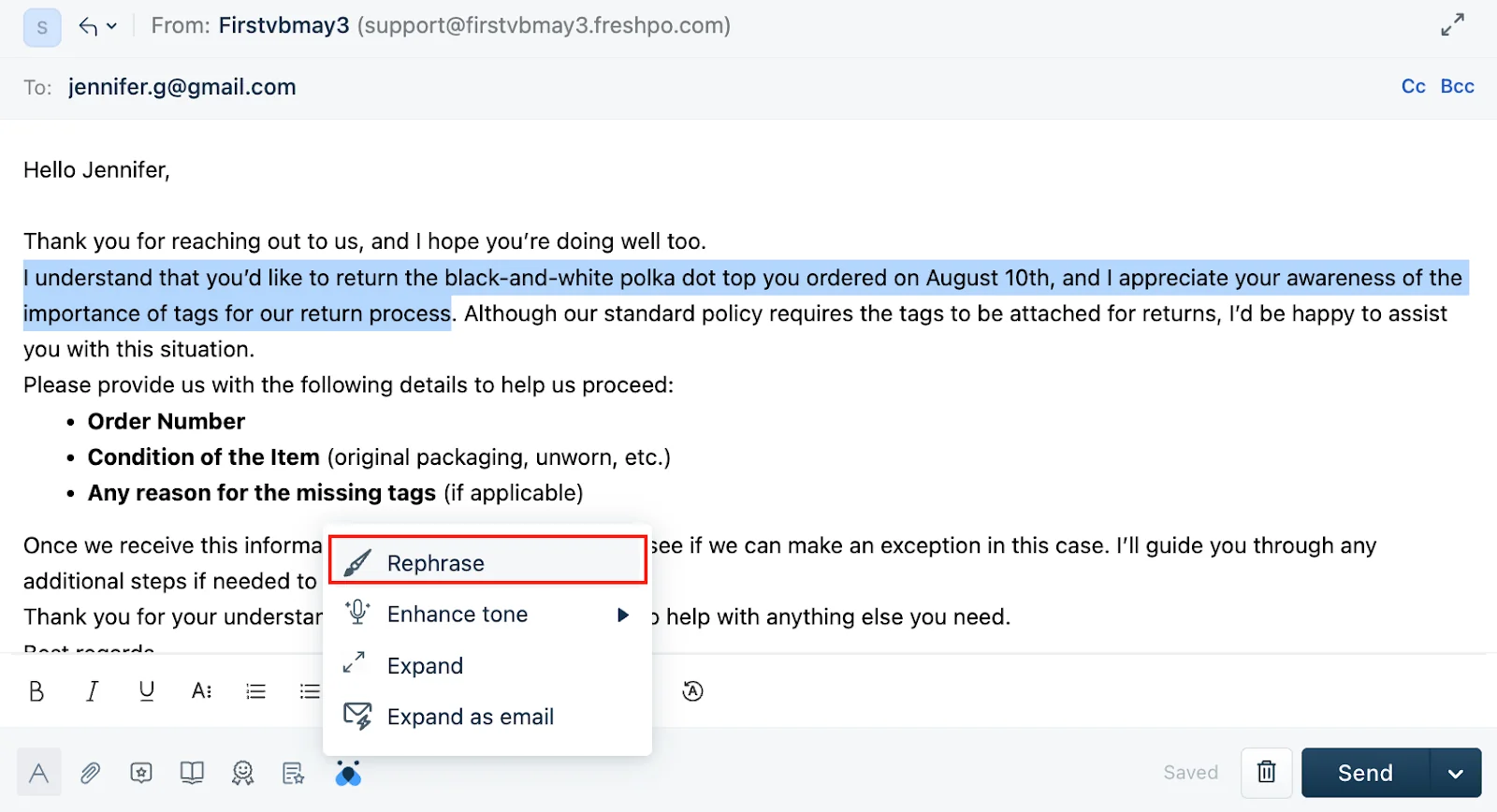 The Freddy Writing Assistant menu in the reply editor, showing Rephrase, Enhance tone, Expand, and Expand as email, as taken from the Freshdesk support docs