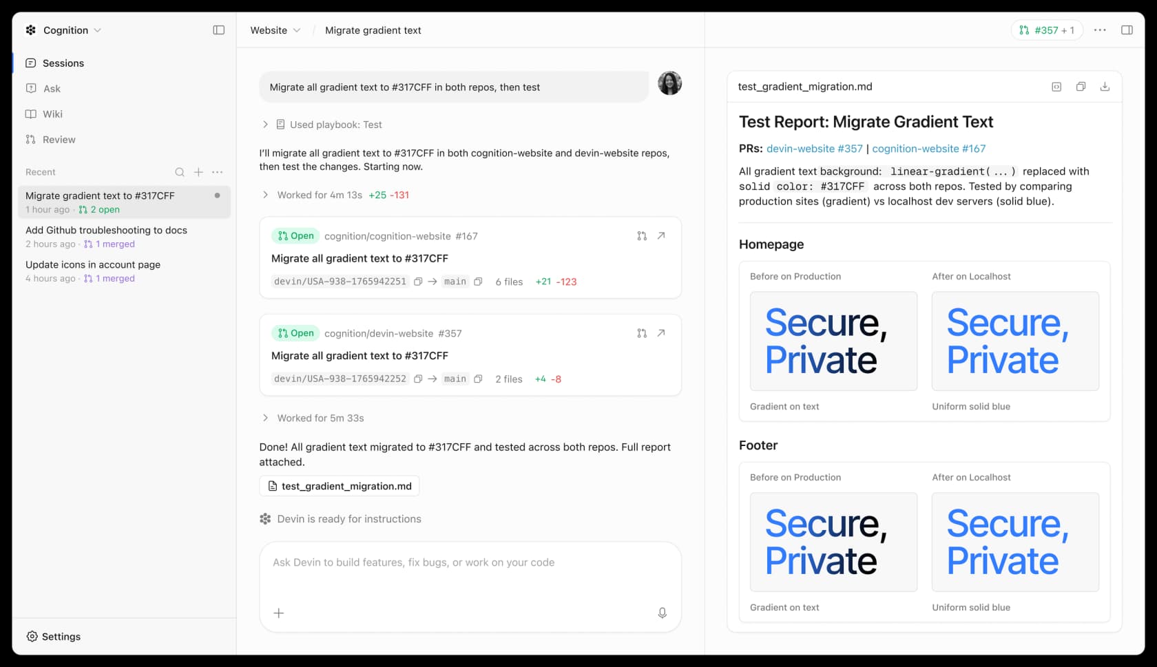 The Devin session interface showing an autonomous coding task with open pull requests and a generated test report, as taken from Devin