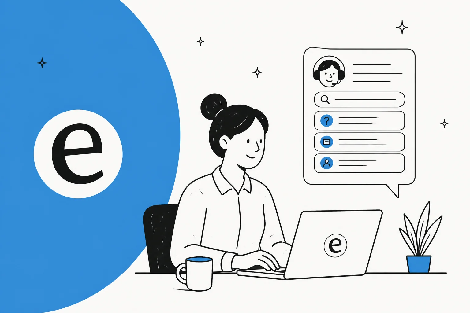 Illustration of a customer support help desk portal with self-service articles and ticket tracking