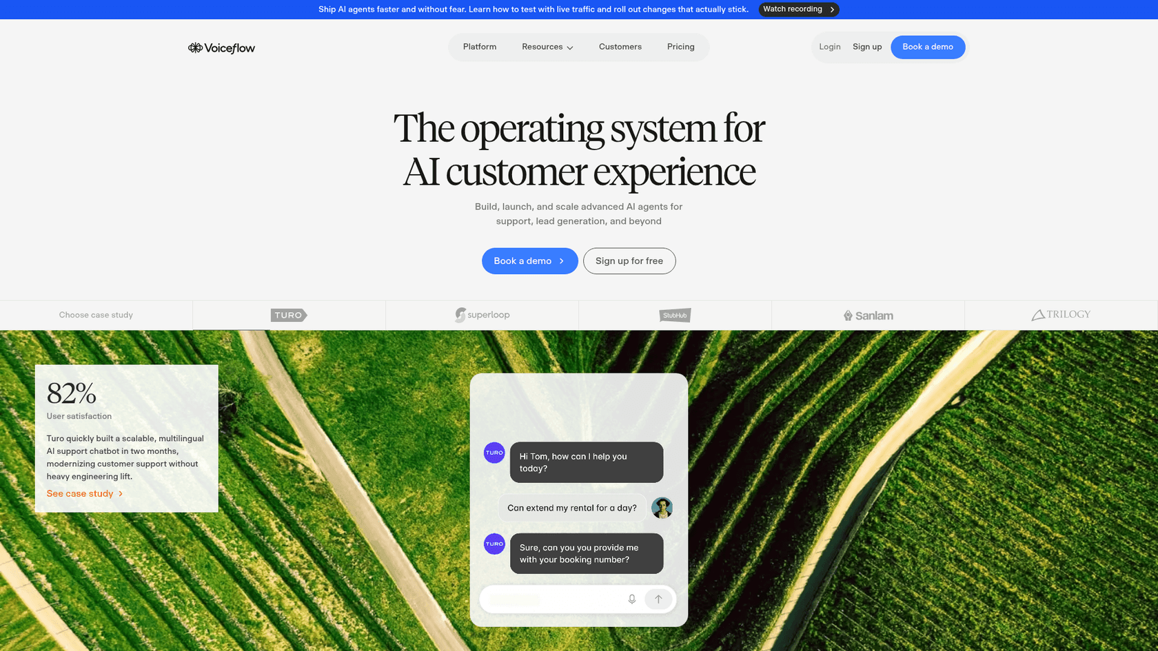 The Voiceflow homepage showing its visual AI agent design platform, as taken from Voiceflow.