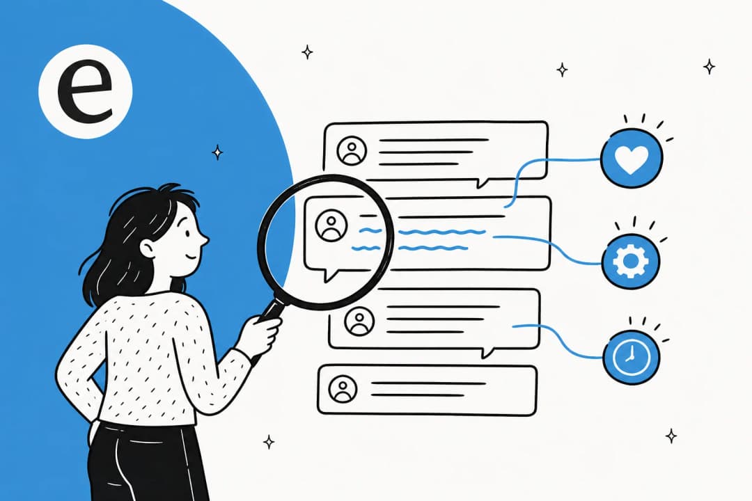 Illustration of a magnifying glass surfacing recurring themes from support conversations