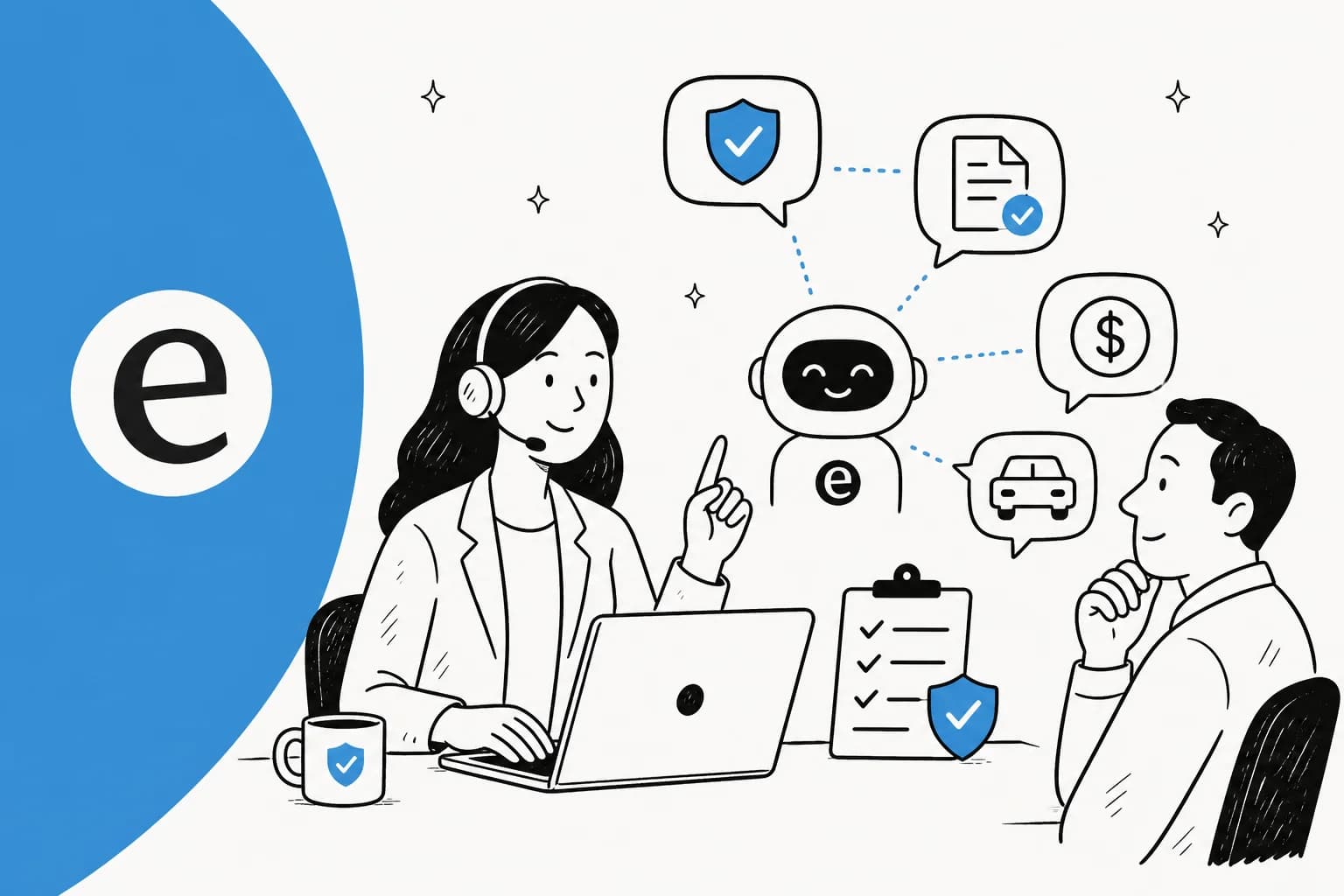 Illustration of an AI support agent handling insurance policy, claims, and billing questions