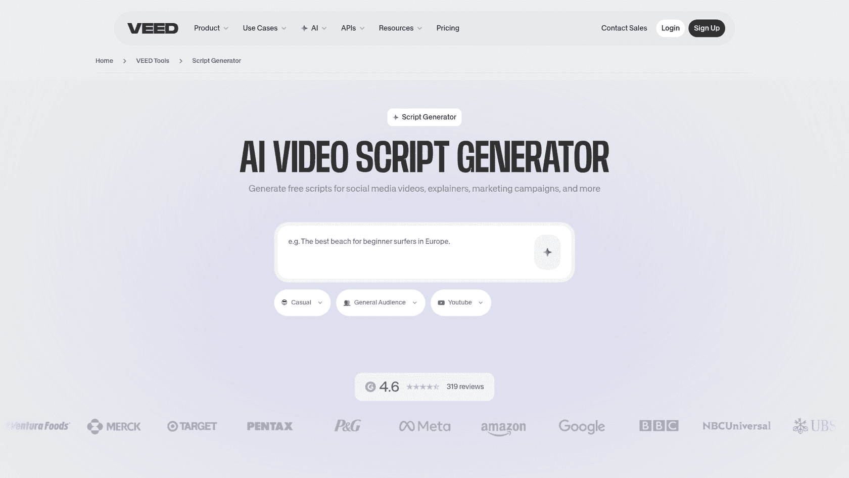 The VEED AI video script generator, with tone, audience and platform controls and an example prompt field, as taken from VEED