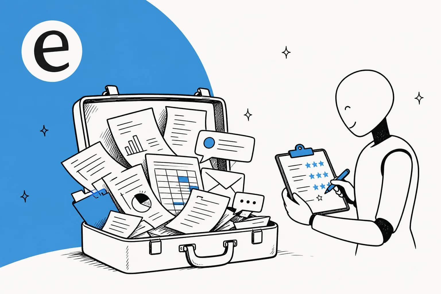 An open briefcase spilling documents, spreadsheets, emails and chat messages while an AI figure grades them on a scorecard