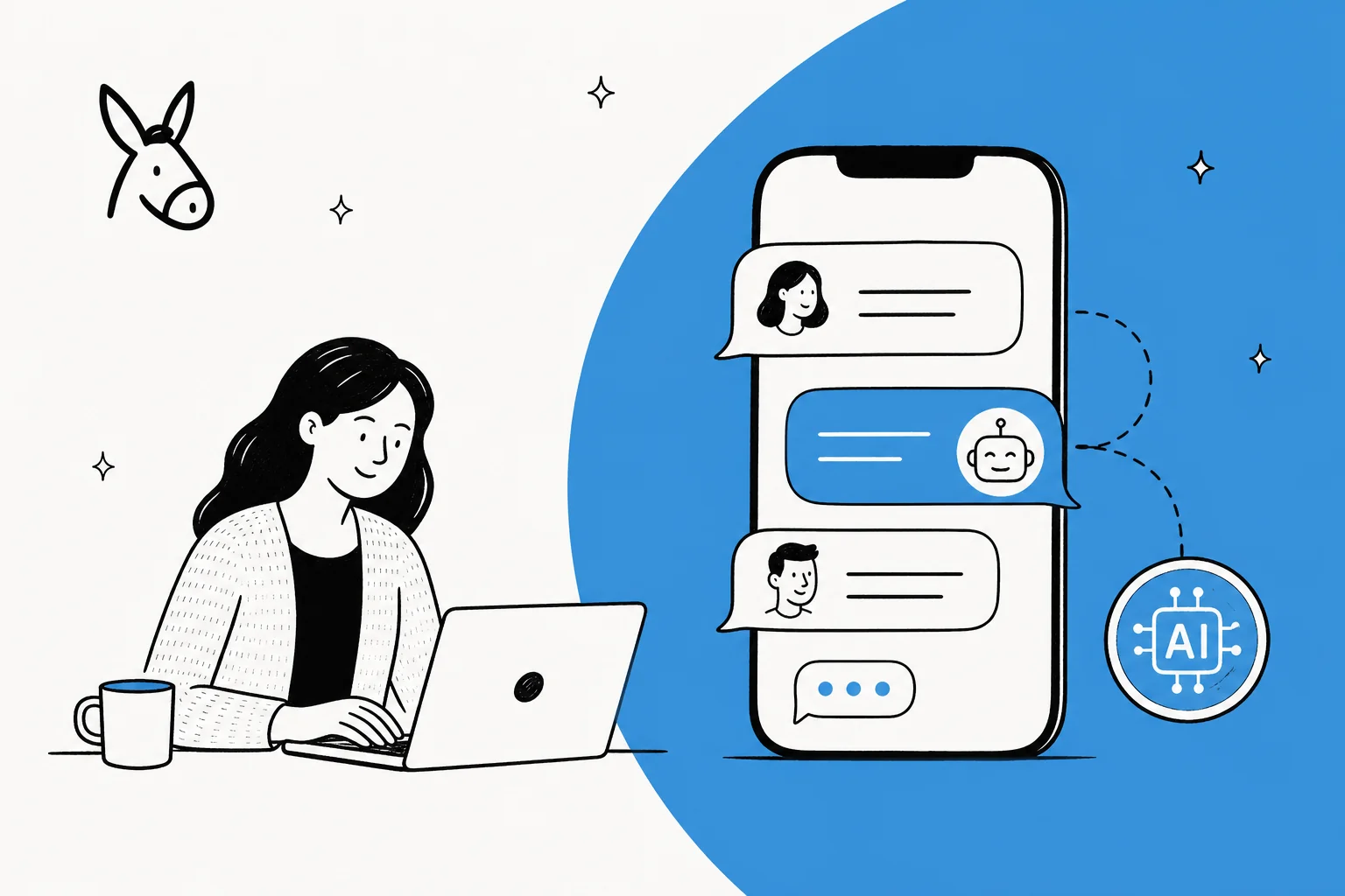 Illustration of AI being added to a text-message customer support conversation