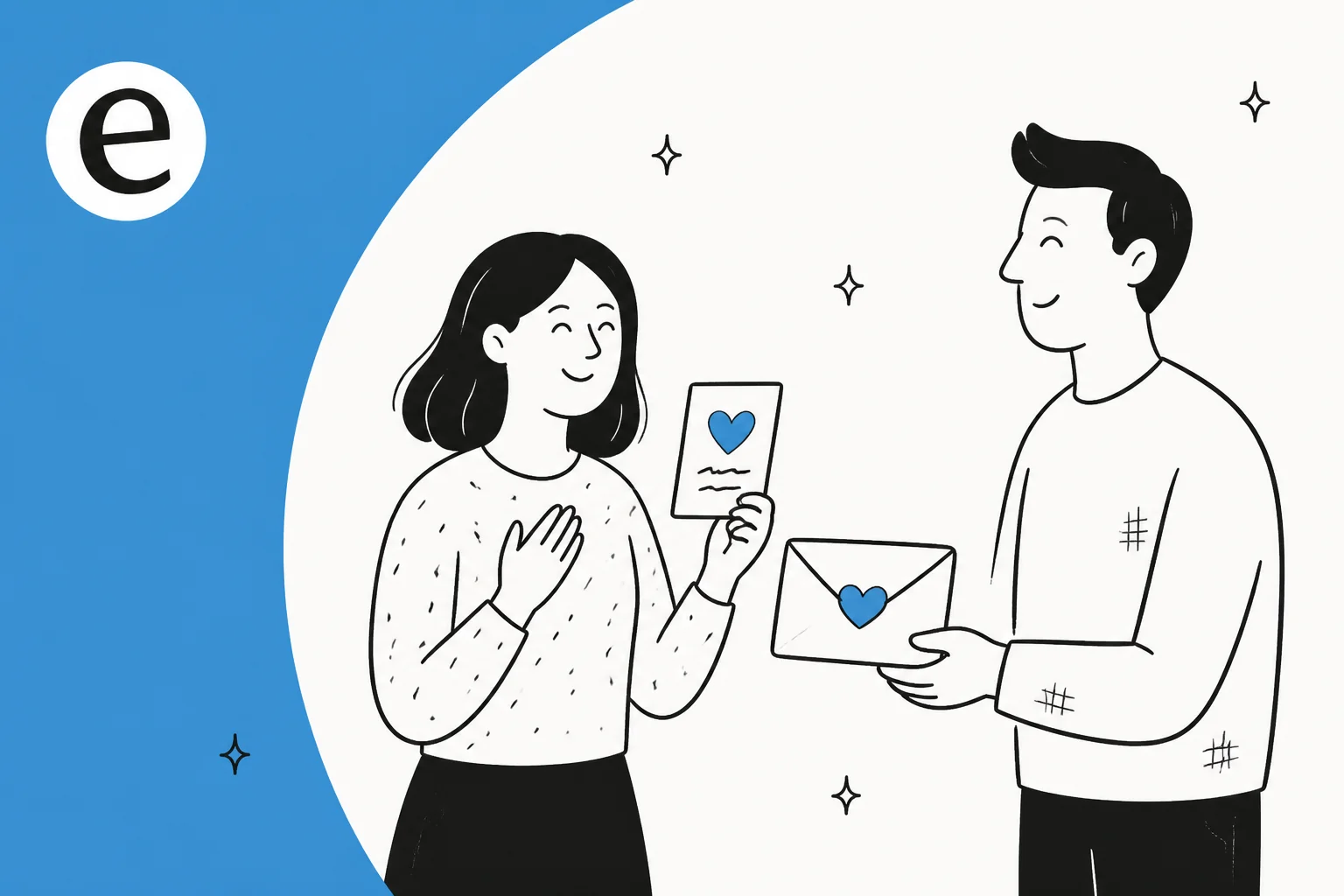 Illustration of a thank-you note card with a heart, in eesel blue on a warm off-white background