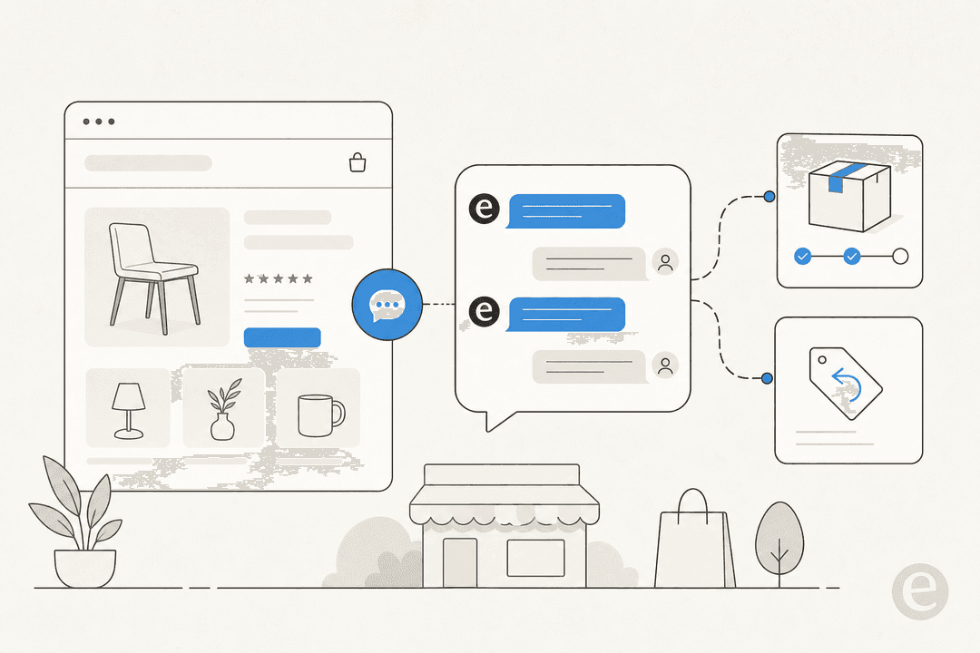 Illustration of a retail chatbot connecting a storefront to order tracking and returns