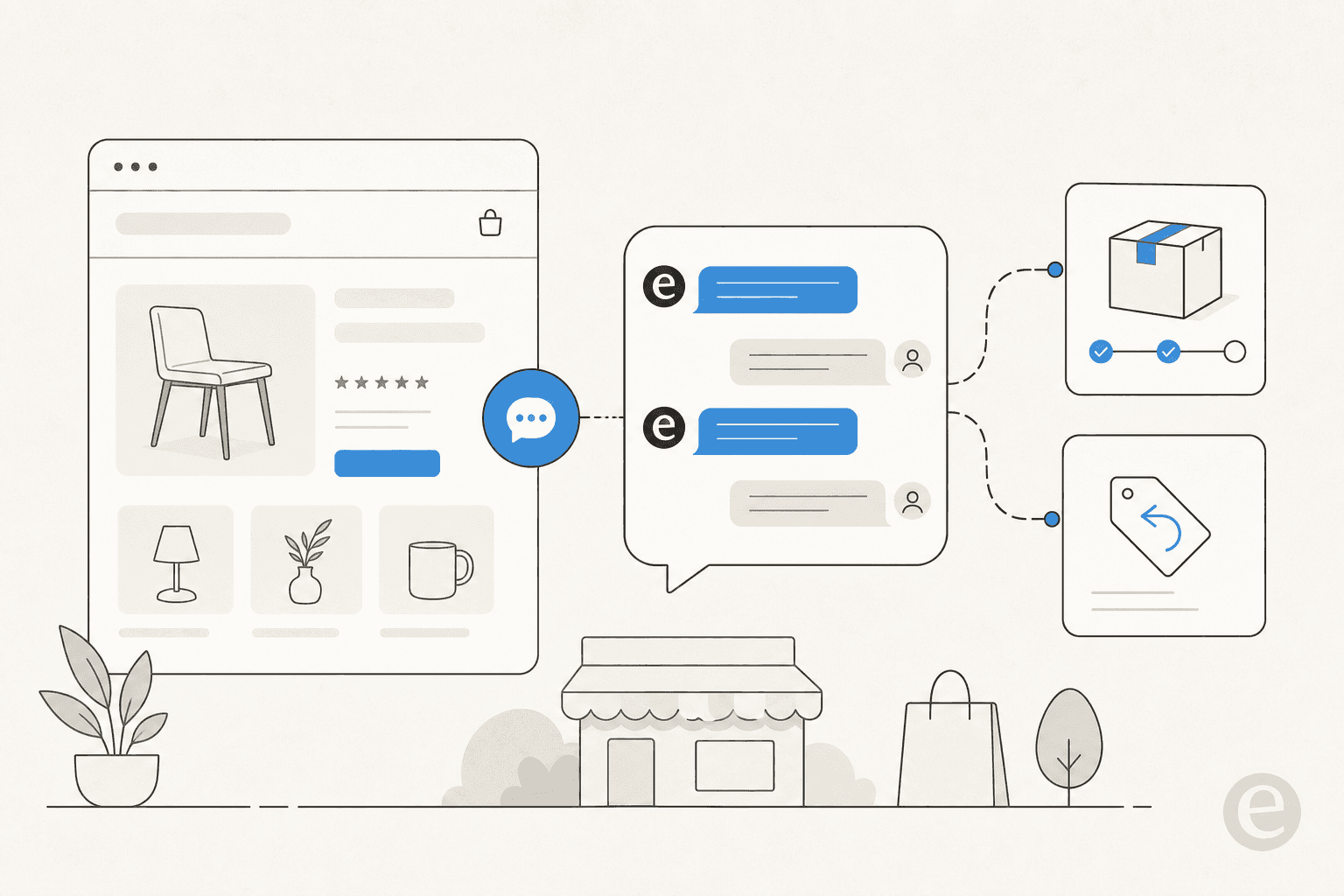 Illustration of a retail chatbot connecting a storefront to order tracking and returns