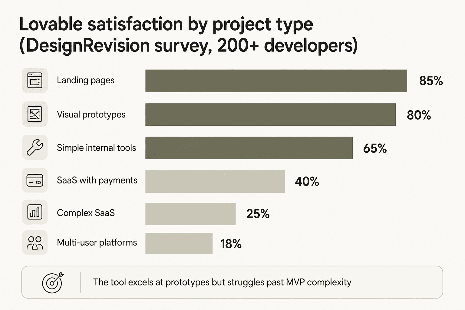 Lovable satisfaction by project type: landing pages 85%, visual prototypes 80%, simple internal tools 65%, SaaS with payments 40%, complex SaaS 25%, multi-user platforms 18%