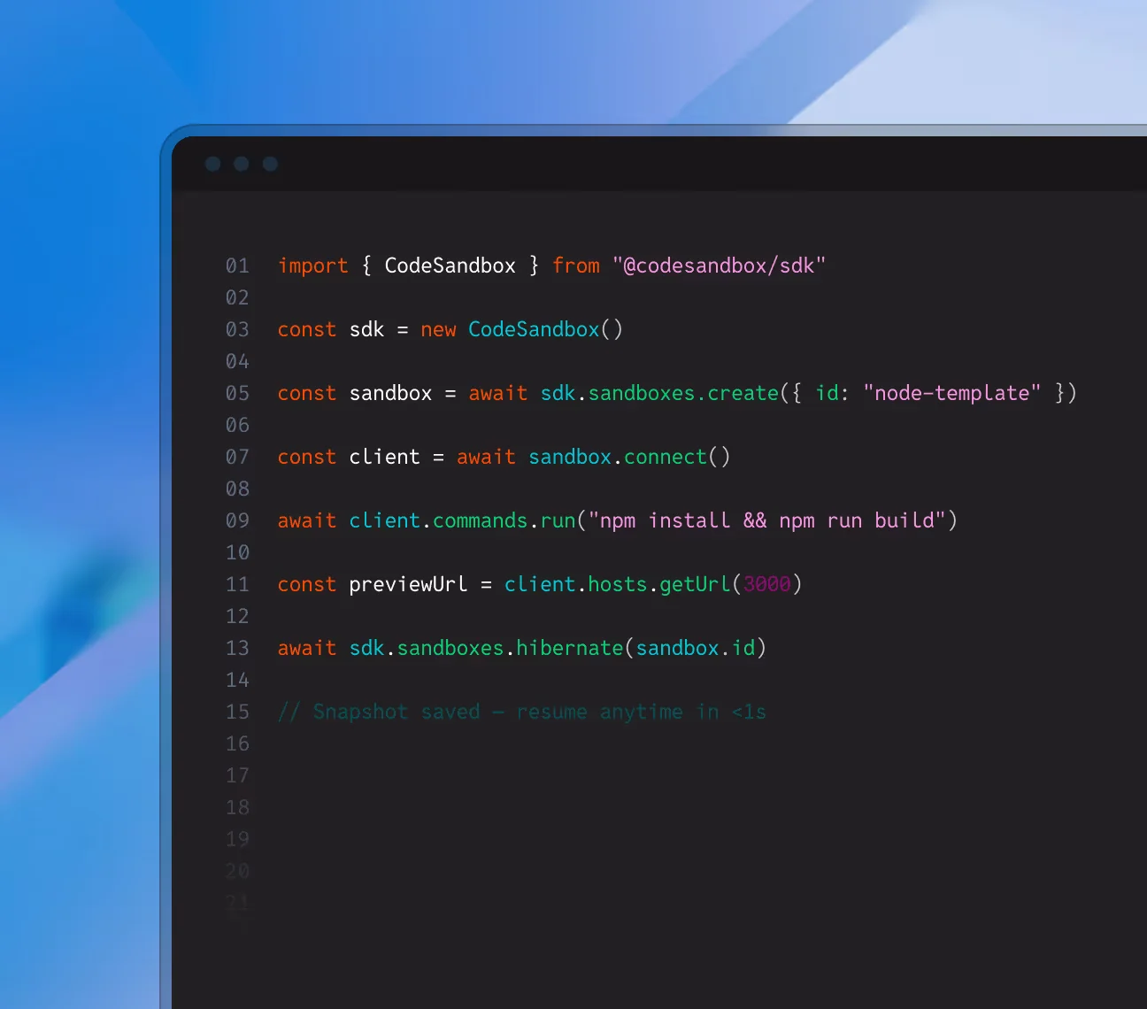 Together AI Code Sandbox SDK example showing a node-template sandbox being created, connected, told to run npm install and npm run build, served on a preview URL, and then hibernated for later resume, as taken from Together AI