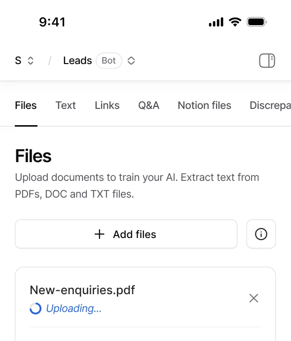Chatbase data sources panel with Files, Text, Links, Q&A and Notion tabs, as taken from Chatbase