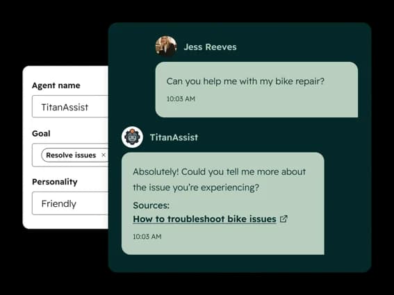 HubSpot Breeze Customer Agent setup beside a live chat answering with a cited source, as taken from HubSpot