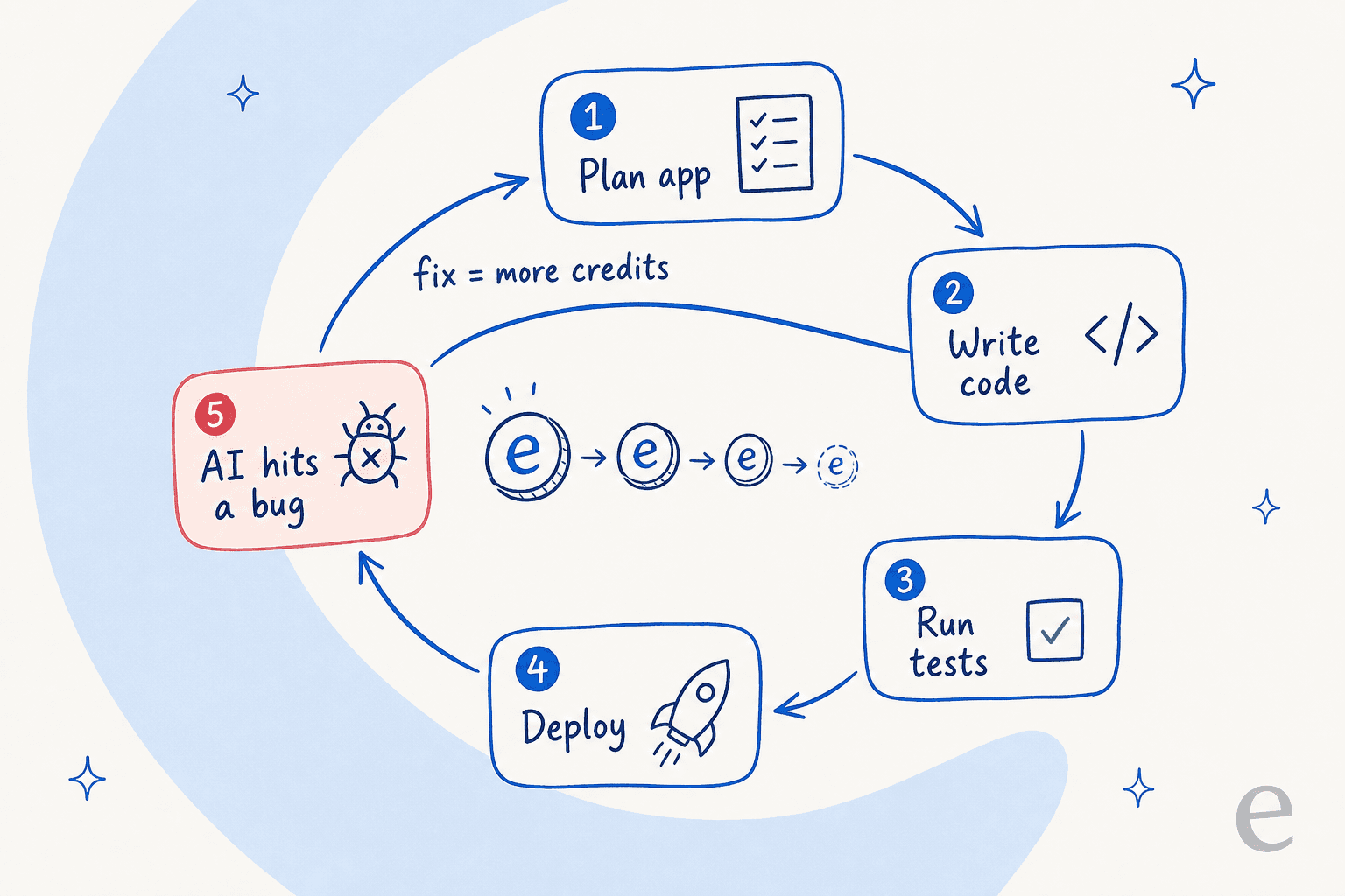 Infographic showing how Emergent credits get consumed across planning, coding, testing, and deploying, with errors looping back to burn more credits.