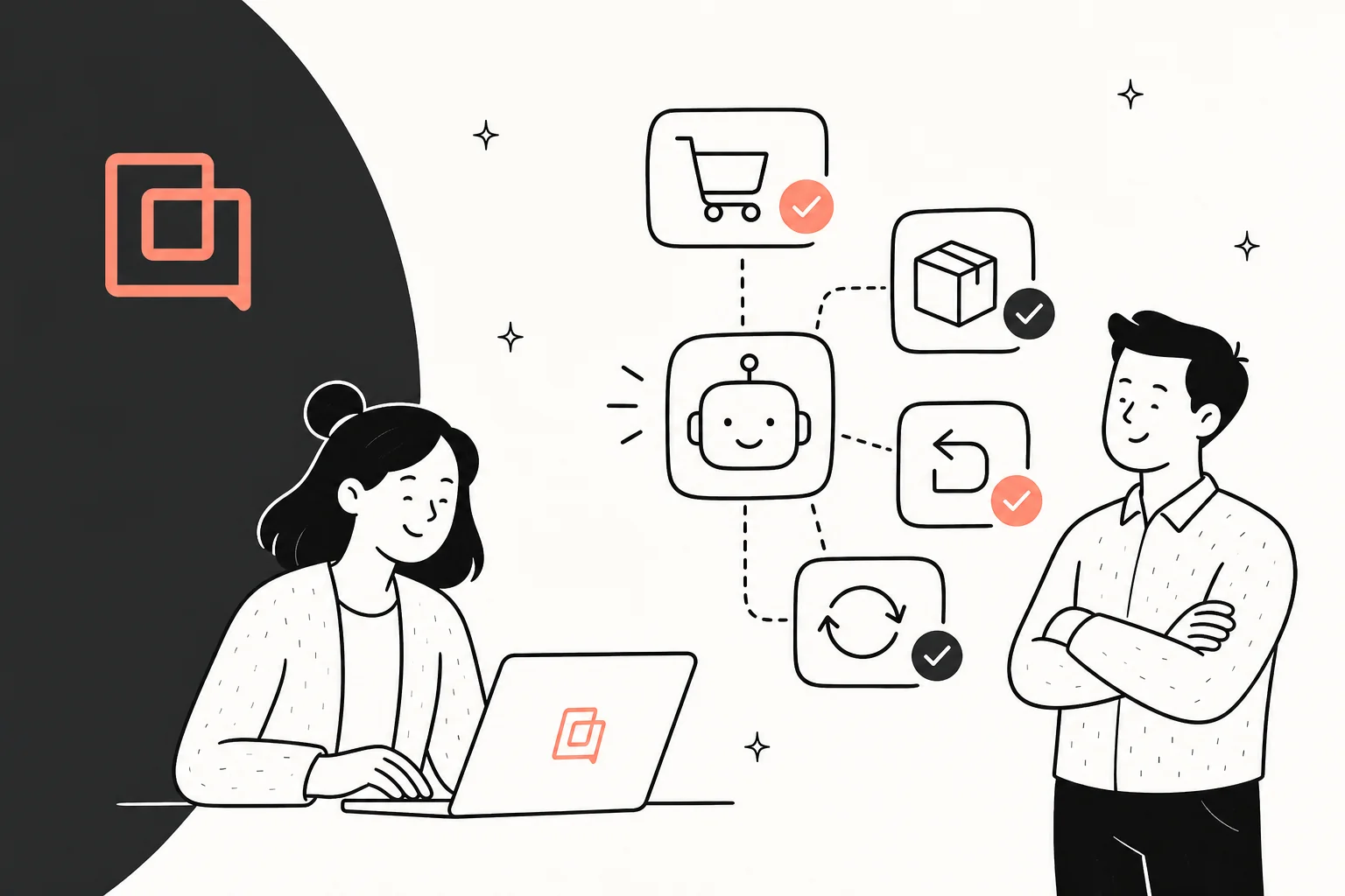 Illustration of a Gorgias AI Agent taking order, return and subscription actions for a support team