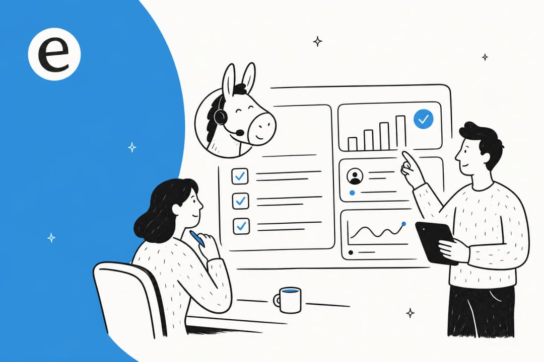 An illustrated buyer evaluating an AI helpdesk against a checklist on a dashboard