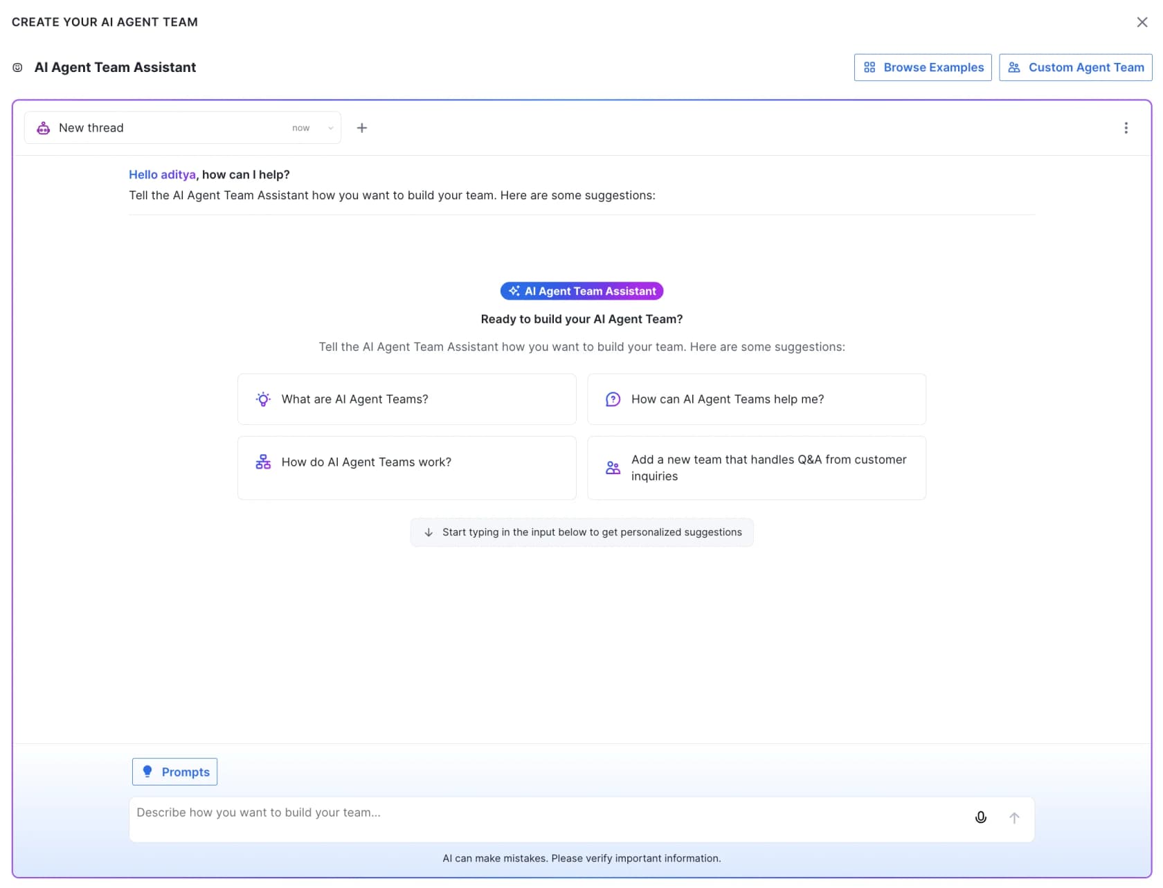 Kustomer's AI Agent Team Assistant, a conversational builder for setting up an agent team, as taken from the Kustomer help center