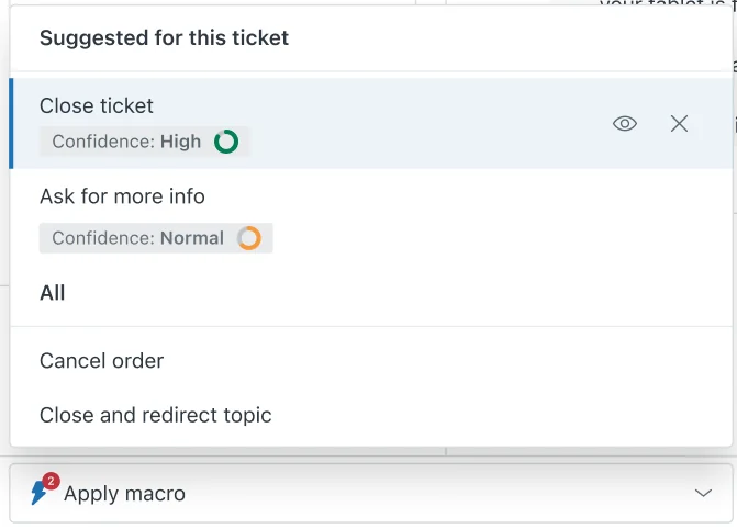 Zendesk's suggested-macro picker showing confidence levels on each recommendation, as taken from Zendesk's help center
