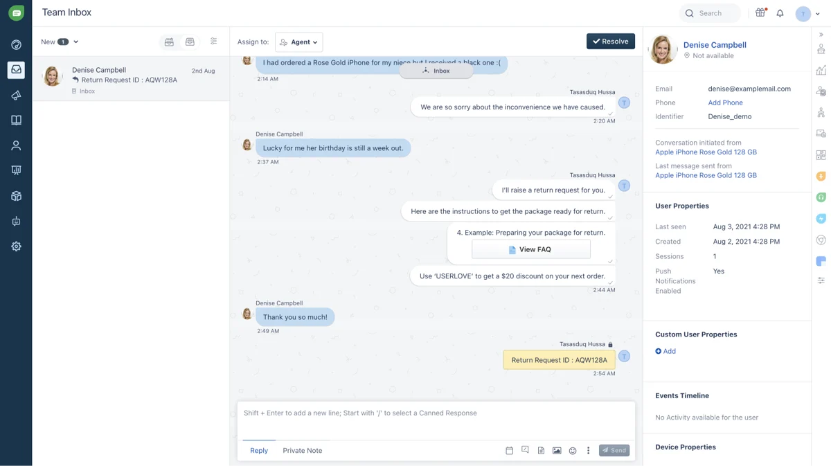 Freshchat's unified Team Inbox showing a multi-channel customer conversation, as taken from Freshworks