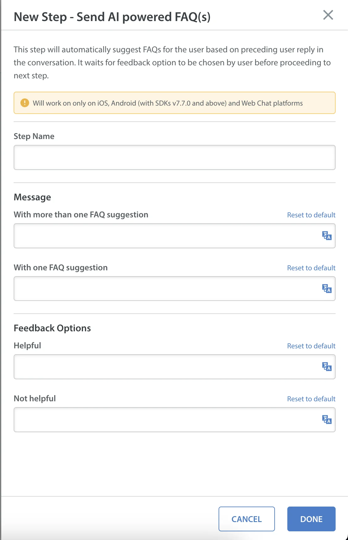 Helpshift's Send AI-Powered FAQ(s) step configuration, showing message templates and Helpful / Not helpful feedback options, with a note that it works on iOS, Android SDK v7.7.0+, and Web Chat