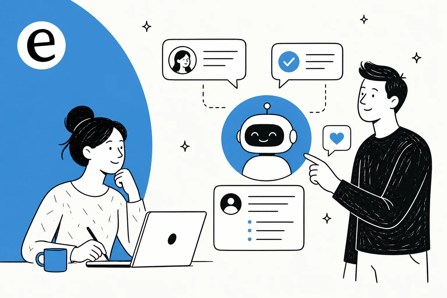 Illustration of a customer support chatbot being designed, in eesel blue