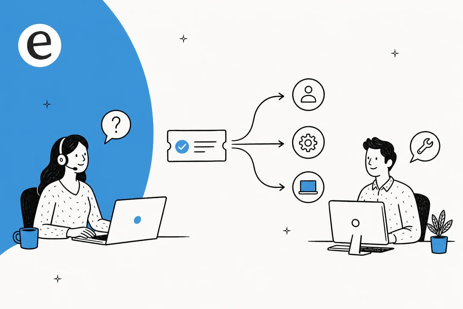Illustration of a support agent and an IT technician with a ticket routing between them
