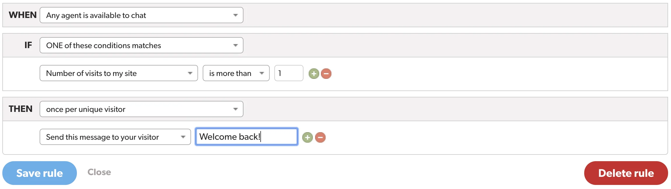 Olark's automation rule builder with WHEN, IF and THEN conditions, as taken from Olark