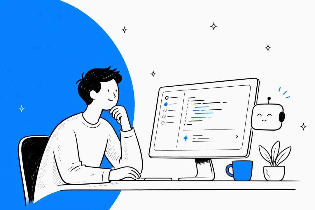 Editorial illustration of a developer at a desktop with a coding agent, representing a ZCode review