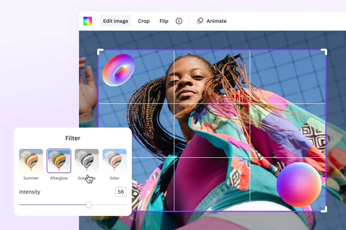 Canva photo editor showing filter and adjustment options, as taken from Canva